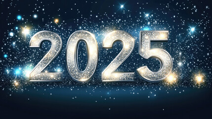 Stunning 3D Silver “2025” with Glitter on Dark Blue: Ideal Vector for New Year Greetings, Banners in Ultra-High Def, Stock Style.