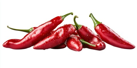Isolated hot red chili peppers displayed against a white background, showcasing the vibrant colors and distinct shape of these flavorful chili peppers. Perfect for culinary and food related themes.