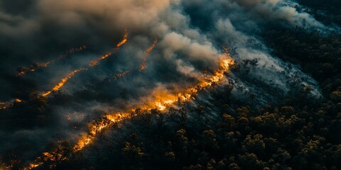 Aerial view of a forest fire, where a strip of dry grass ignites trees in a dry forest. This forest fire generates thick smoke, captured from a bird s eye perspective. Forest fire imagery.