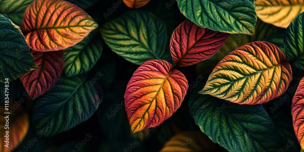 Poster close up view of vibrant tagar plant leaves showcasing their unique texture and color pattern, creat