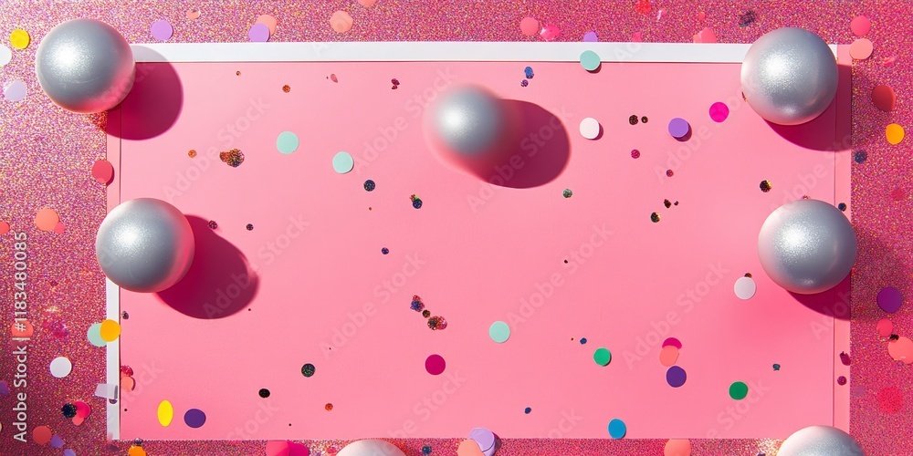 Aufkleber glittery silver and white frame featuring round balls set against a pink backdrop adorned with color