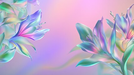 Fototapeta premium Elegant pastel floral frame with holographic colors on a gradient background, perfect for greeting cards, banners, and invitations with text space.