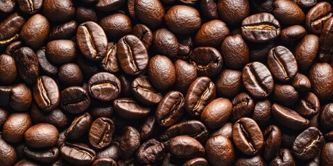 Fototapeta premium Roasted coffee beans create a captivating background, offering ample space for text. Featuring roasted coffee beans, this image highlights the rich texture and aroma associated with roasted coffee