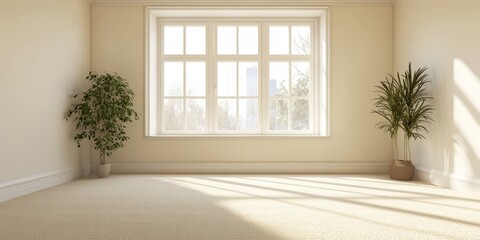 Spacious bright room featuring a single window, a soft beige carpet floor, and elegant ivory walls creates an inviting atmosphere in this bright room suitable for various uses.