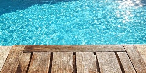 A wooden table is positioned next to a swimming pool that features pristine, clear blue water, creating a serene and inviting outdoor atmosphere.