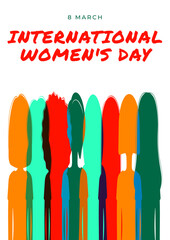 International Womens day 8 march vertical poster. Banner with different silhouettes of women. Simple vector illustration