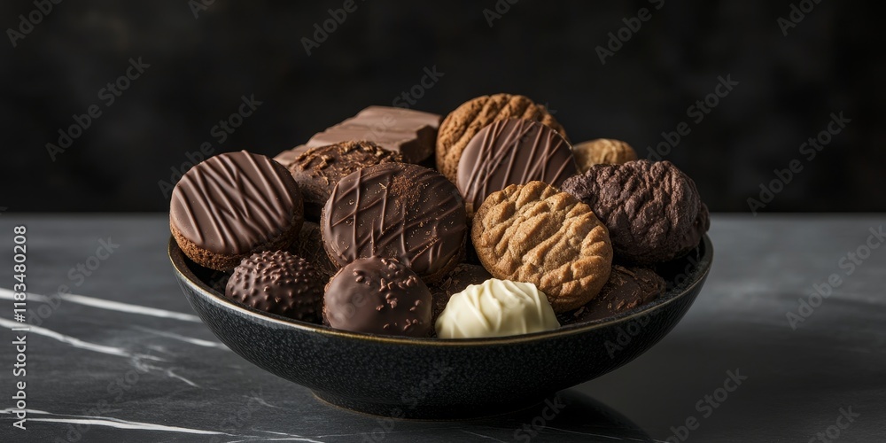 Aufkleber a selection of whole chocolate biscuits arranged in a glazed bowl, beautifully displayed on a black 