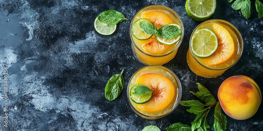 Poster refreshing cold lemonade featuring peach and lime served on a dark concrete background, this delicio