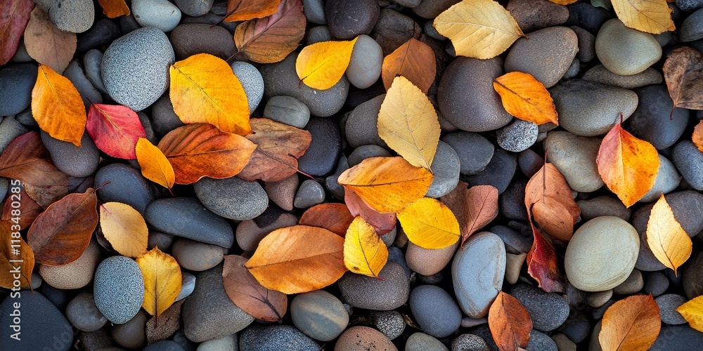 Poster a vibrant pile of dry leaves rests on the pebbles, creating a beautiful contrast the dry leaves add 