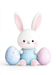 Fototapeta premium Cute bunny with pastel-colored eggs, perfect for Easter-themed designs and children's illustrations.