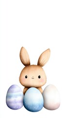 Fototapeta premium Cute cartoon bunny sitting between colorful eggs, perfect for Easter or spring-themed designs.