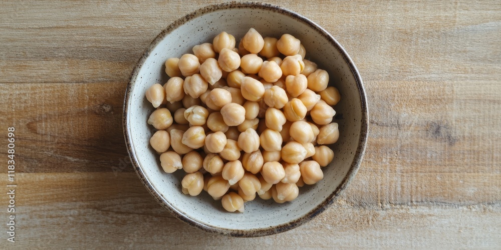 Poster plate of uncooked chickpeas displayed on a light wooden surface, showcasing the natural texture and 