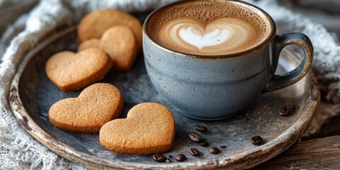 Fototapeta premium Delight in a cozy scene featuring a cup of coffee alongside heart shaped cookies, creating a perfect pairing of coffee and heart cookies for a warm gathering or a sweet treat moment.