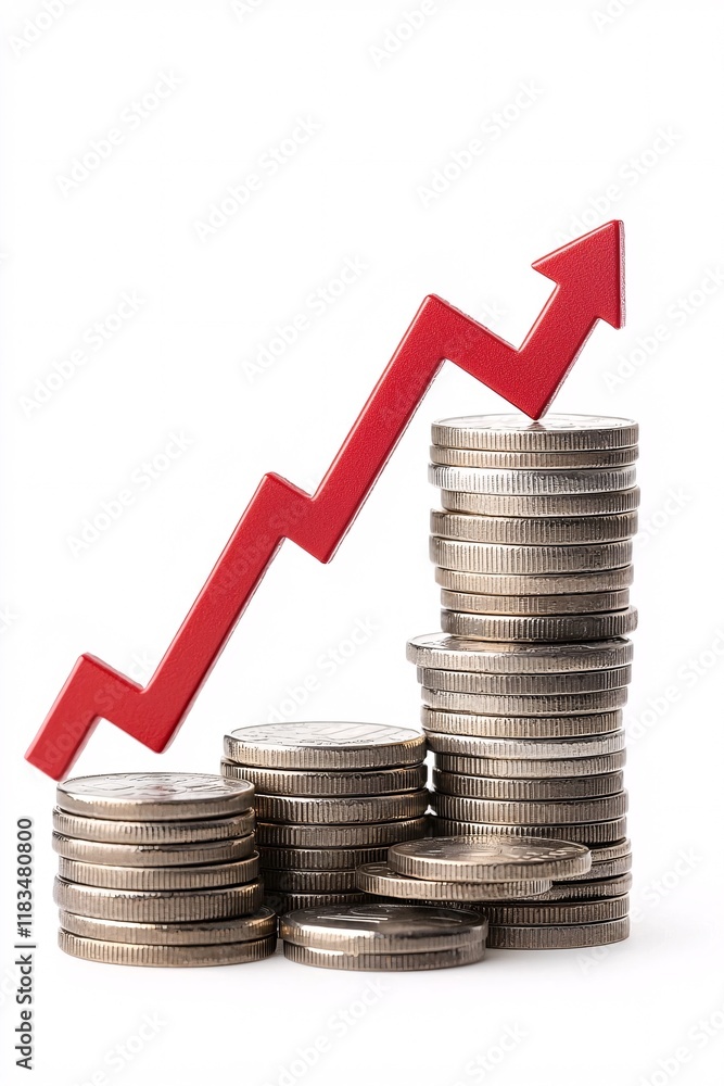 Poster stack of coins with a red downward arrow, illustrating the effect of falling interest rates on savin