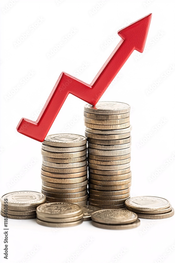 Poster stack of coins with a red downward arrow, illustrating the effect of falling interest rates on savin