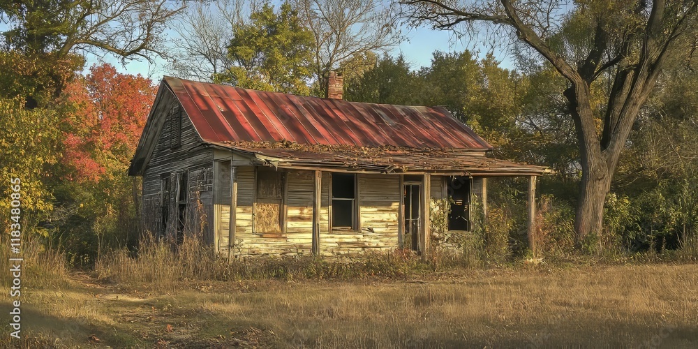 Poster a weathered and decaying abandoned building showcasing its old architecture in a secluded setting, highlighting the charm of an old ruined abandoned building through its remarkable features