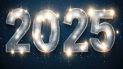 Stunning 3D Silver “2025” with Glitter on Dark Blue: Ideal Vector for New Year Greetings, Banners in Ultra-High Def, Stock Style.
