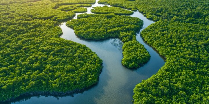 Lush green mangrove forests and mudflats create a unique ecosystem. These mangrove areas serve as vital carbon sinks, effectively capturing CO2 from the atmosphere and contributing to blue carbon