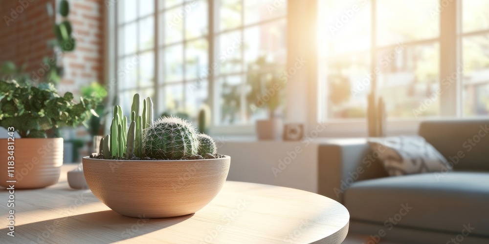 Poster stylishly designed wooden table adorned with cacti, positioned next to windows in a bright and spaci