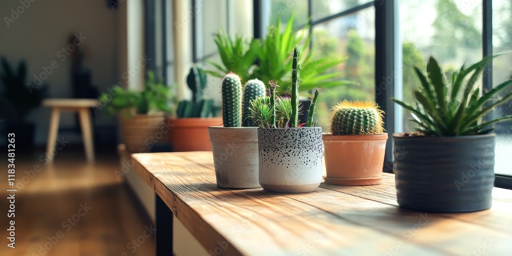 Poster stylishly designed wooden table adorned with cacti, positioned next to windows in a bright and spaci