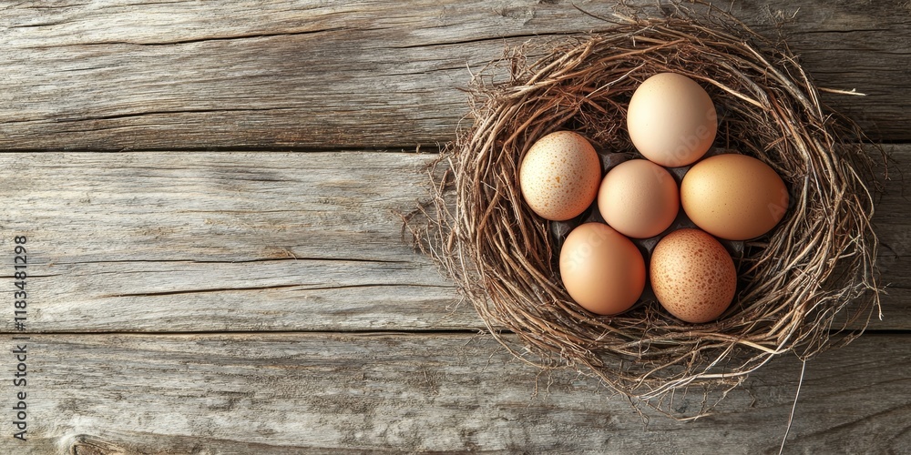 Poster fresh eggs nestled in a cozy nest rest on a wooden table, showcasing the natural beauty of fresh egg