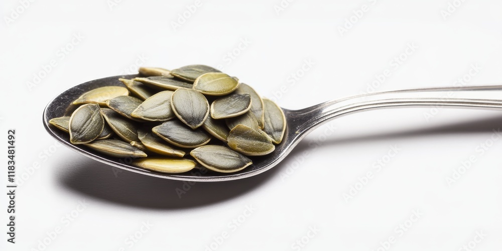 Poster isolated on a white background, this image features a spoon filled with pumpkin seeds, showcasing th