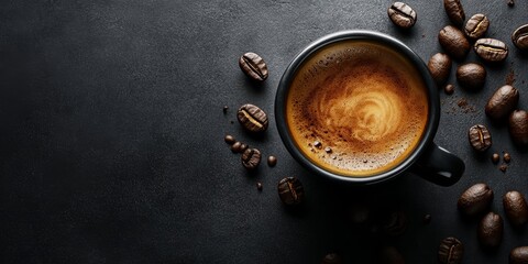 Delicious espresso awaits in a steaming cup, accompanied by coffee beans, showcasing the rich allure of coffee on a dark background for the perfect coffee experience.