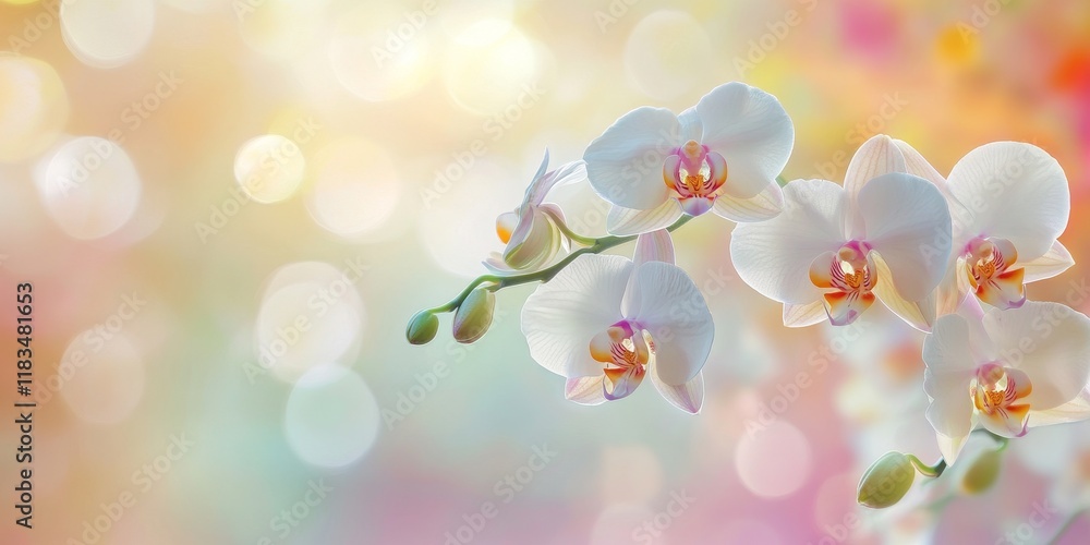 Poster Softly blurred background featuring delicate orchids in sweet colors, creating a serene and dreamy ambiance with these beautiful orchids in focus. Perfect for botanical themes and designs.