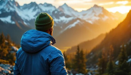 Caucasian young male enjoying mountain view at sunrise in winter