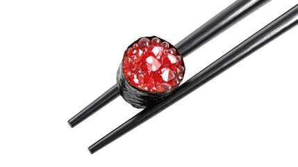Sushi roll held by chopsticks, isolated on white background. PNG transparent.