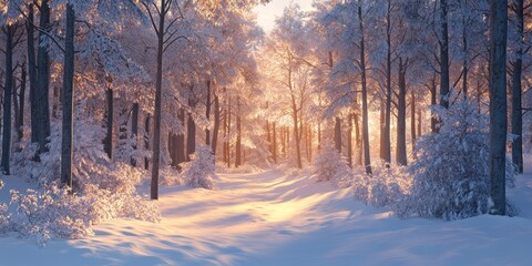 Naklejka premium Snow covered forest illuminated by evening sunlight, showcasing the serene beauty of a winter landscape, where the forest glistens under the fresh layer of snow during a sunny evening.