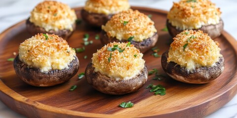 Fototapeta premium Delicious homemade stuffed mushroom appetizer featuring a delightful mix of cheese and breadcrumbs, perfect for any gathering. Enjoy these cheesy, breadcrumb filled mushrooms as an irresistible treat.