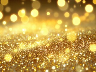 Golden Glitter Sparkles Beautifully with Festive Lights. Luxury Background Gold with Holiday Theme.