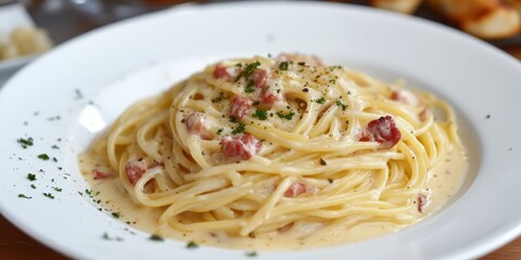 A fun and whimsical creamy pasta carbonara sauce served over spaghetti, beautifully presented on a glossy white plate, perfect for a lighthearted meal.