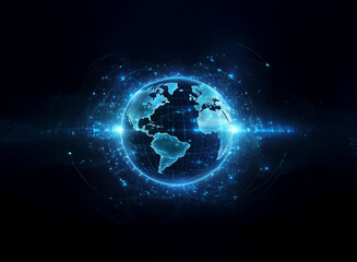 Obraz premium A glowing digital Earth, encircled by a network of bright blue energy streams, floats in a dark space, suggesting global connectivity and technological advancement.