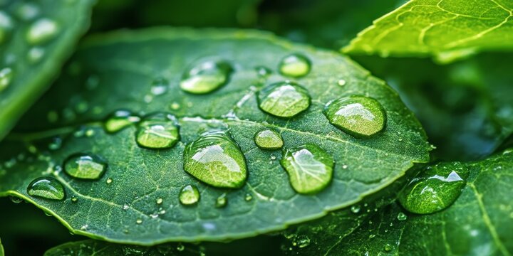 Stunning water drop on leaf showcasing nature in close up macro. The fresh, juicy green leaf glistens with droplets of morning dew, highlighting the beauty of nature s delicate details. - Powered by Adobe