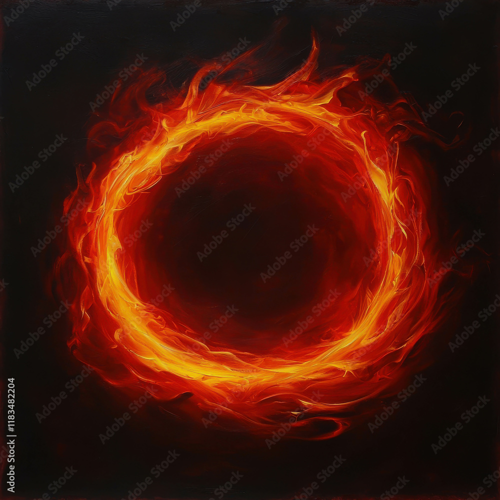 Poster dynamic swirling fireball hovering against a dark pitch background