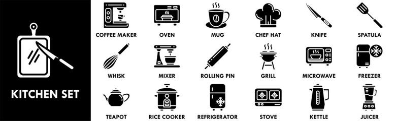 Kitchen Set icon collection set. Containing design kitchen, food, white, isolated, set, cooking