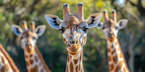 Fototapeta premium Close up view of a female southern giraffe alongside other southern giraffes, showcasing their unique features and social behavior in a natural setting. Southern giraffes are fascinating creatures.