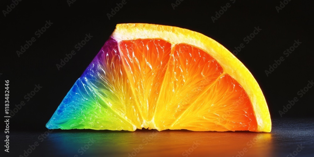 Poster a lively orange wedge adorned with a spectrum of rainbow colors set against a dark black backdrop cr
