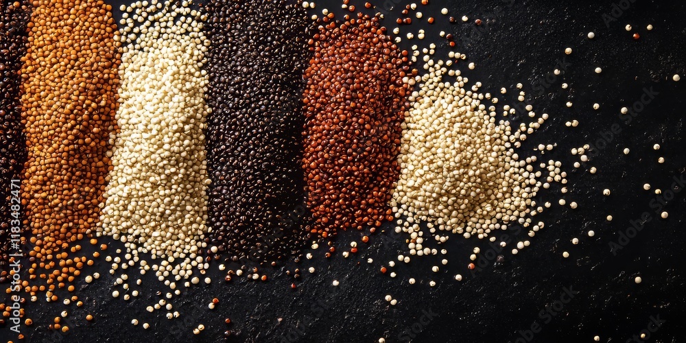 Poster variety of quinoa showcased on a black backdrop, highlighting the unique textures and colors of diff