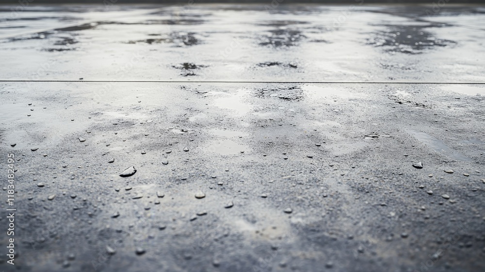 Fototapete Raindrops create distinct patterns on the concrete floor during rainfall, showcasing the beauty of rain as drops fall and interact with the textured surface of concrete.