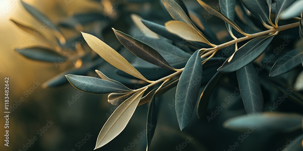 Poster close up image capturing the intricate details of olive leaves, showcasing the beauty and texture of