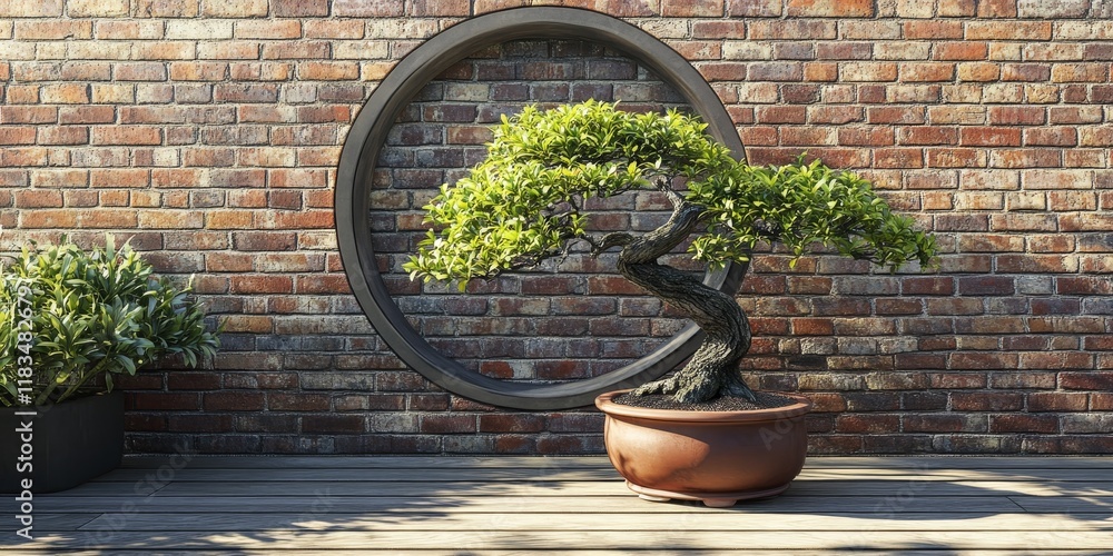 Aufkleber brick wall features a round window door leading into an open garden, showcasing a small bonsai tree 