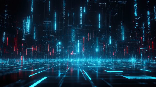 Glowing blue candlestick chart with data points and futuristic lines, on a dark background. Symbolizing financial markets and analytics.