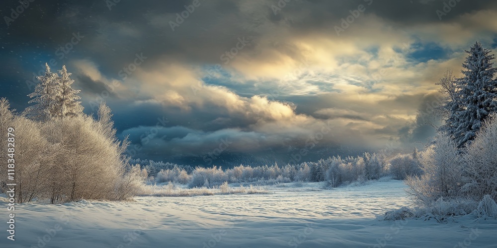 Poster a tranquil winter scene unfolds with a gentle layer of snow blanketing the earth, all beneath a stri