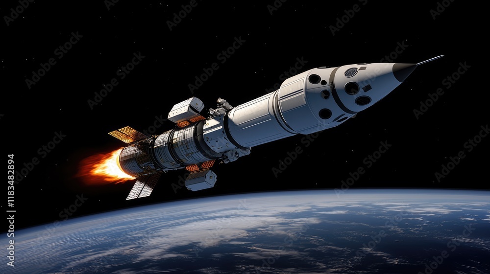 Poster rocket launch into space earth orbit digital art outer space aerial view exploration and innovation
