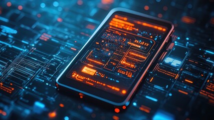 Modern smartphone displaying augmented reality features, digital futuristic overlay 