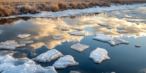 A detailed view of ice floes on a river during spring, showcasing their reflections in the water below, capturing the beauty of the seasonal transition.