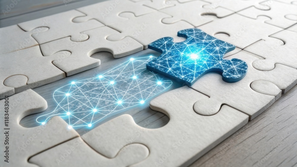 Poster a digital puzzle piece with a glowing network pattern fits into a wooden puzzle, symbolizing connect